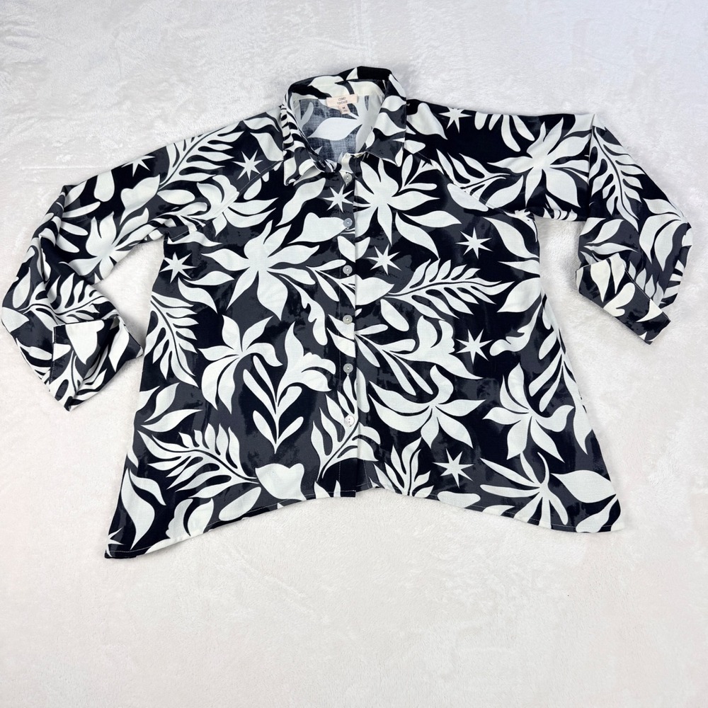 Como Vintage Button Down Shirt Womens M Black White Tropical Floral Long Sleeve